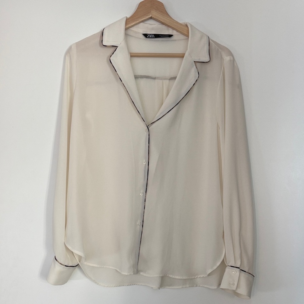 Zara Ivory Blouse with Black/Brown Piping